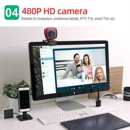 HXSJ Adjustable 360-Degree Rotation Webcam for Video Calls on desktop showing clip-on 480P HD camera positioned above monitor