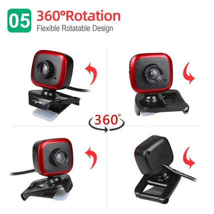 HXSJ Adjustable 360-Degree Rotation Webcam for Video Calls showing red square camera in multiple 360° positions with clip mount and detachable microphone