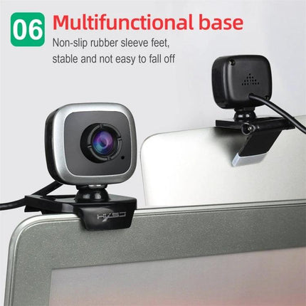 HXSJ Adjustable 360-Degree Rotation Webcam for Video Calls showing webcam mounted on laptop with multifunctional non-slip base