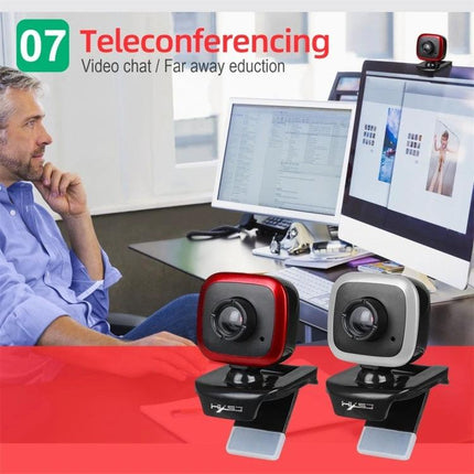 HXSJ Adjustable 360-Degree Rotation Webcam for Video Calls showing dual webcams clipped on monitor with man in teleconferencing setup