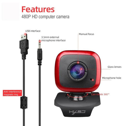 HXSJ Adjustable 360-Degree Rotation Webcam for Video Calls showing red webcam, USB cable, 3.5mm mic jack and 360° rotation base
