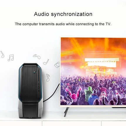 4K DisplayPort to HDMI Converter Cable for Video Connections connecting a desktop PC to a TV showing synced audio and vibrant concert video