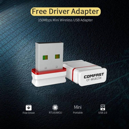 COMFAST Plug and Play Mini Wireless USB WiFi Adapter compact white USB dongle shown with cap and 'Free Driver Adapter' label