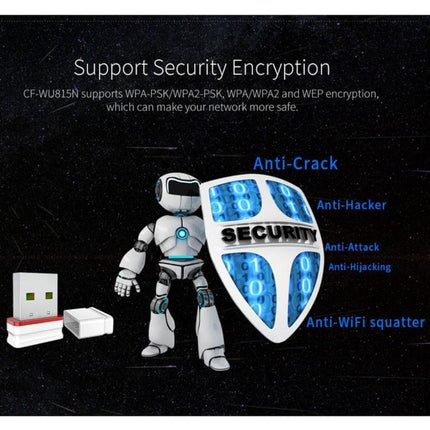 COMFAST Plug and Play Mini Wireless USB WiFi Adapter shown with robot and shield illustrating security encryption features
