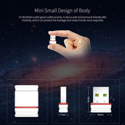 COMFAST Plug and Play Mini Wireless USB WiFi Adapter shown held between fingers highlighting compact 16mm x 7mm mini design for travel and portable use