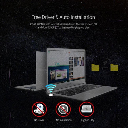 COMFAST Plug and Play Mini Wireless USB WiFi Adapter shown plugging into laptop for easy plug-and-play wireless sharing, no driver or installation needed