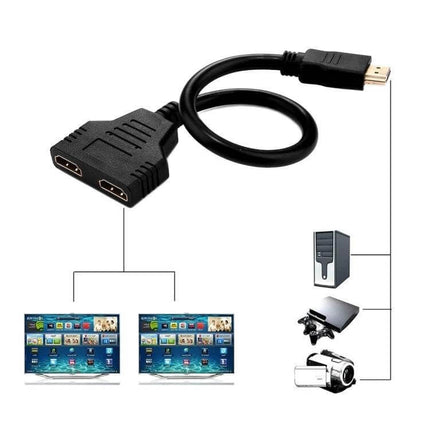 HDMI Adapter Cable for Dual Monitor Setup, 30cm Length connecting one HDMI source to two displays for dual monitor extension
