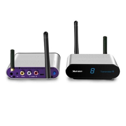 Measy Wireless Audio Video Transmitter with Infrared Function showing transmitter and receiver units with antennas and AV input ports