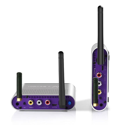 Measy Wireless Audio Video Transmitter with Infrared Function compact 2.4GHz transmitter showing RCA ports and dual antennas