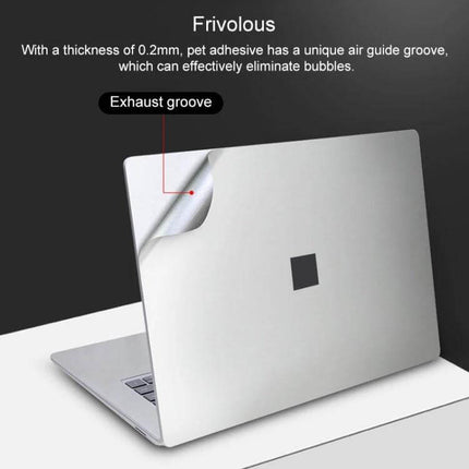 Protective Film and Sticker Set for Microsoft Surface Laptop 3, 13.5 Inch showing peel-back film on silver laptop corner highlighting exhaust groove and bubble-free adhesive