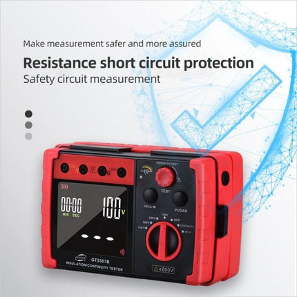 Benetech Digital Insulation Resistance Tester for Electrical Devices shown measuring insulation and resistance with clear display and safety circuit protection