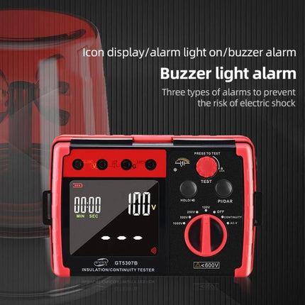 Benetech Digital Insulation Resistance Tester for Electrical Devices showing buzzer light alarm and digital display on red insulation tester