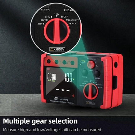 Benetech Digital Insulation Resistance Tester for Electrical Devices showing dial, display, and continuity test function