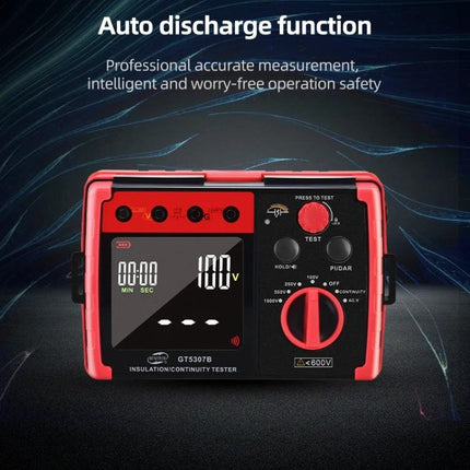 Benetech Digital Insulation Resistance Tester for Electrical Devices - red handheld insulation/continuity tester showing digital display and controls