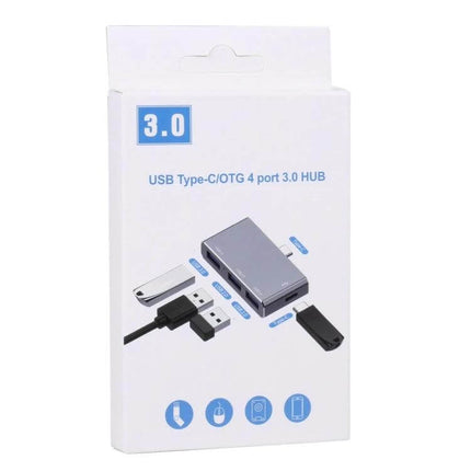 Compact Portable USB-C 4-Port Hub for Laptop Connectivity in retail packaging showing ports and connected USB devices