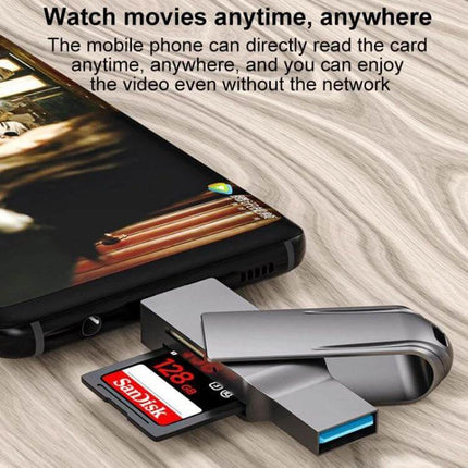 Compact USB-C to USB 3.0 Card Reader for Easy File Transfer — compact zinc alloy reader with SD and microSD slot plugged into smartphone for photo transfer