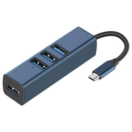 RDS USB-C Hub Adapter with USB 3.0 and Three USB 2.0 Ports - compact blue hub with USB-C cable and four USB ports for peripherals