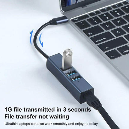 RDS USB-C Hub Adapter with USB 3.0 and Three USB 2.0 Ports connected to laptop showing USB 3.0 and three USB 2.0 ports for peripherals and file transfer