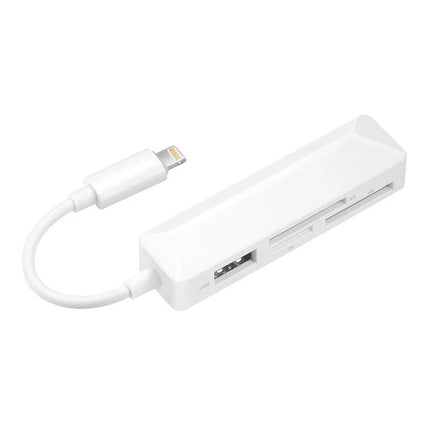 Compact Card Reader for Daily File Transfers from Memory Cards to Devices - white plug-and-play SD/TF reader with Lightning cable for mobile photo transfer