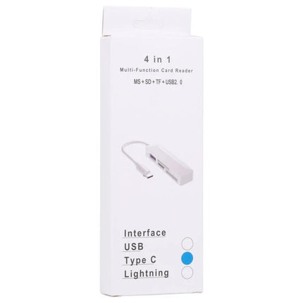 Compact Card Reader for Everyday File Transfers - white 4-in-1 USB Type-C card reader packaging showing SD/TF/MS slots and Type-C plug