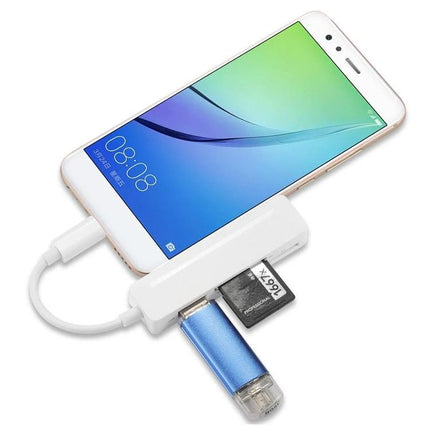Compact Card Reader for Everyday File Transfers showing Type-C phone connected to SD card and USB flash for plug-and-play file transfer