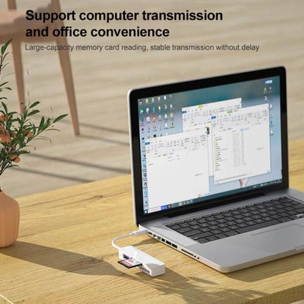 Compact Card Reader for Everyday File Transfers connecting SD and TF cards to a Type-C laptop on a desk, plug-and-play file access