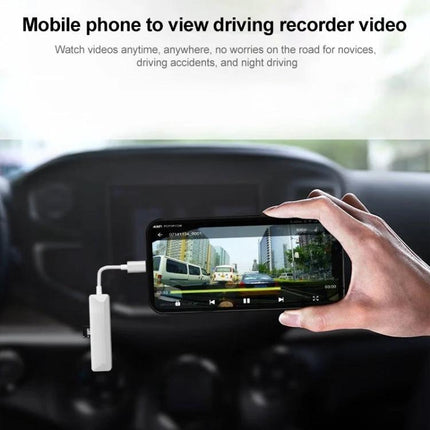 Compact Card Reader for Everyday File Transfers connected to smartphone showing dashcam video playback in car, plug-and-play Type-C card reader