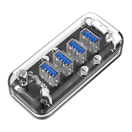 Orico Desktop USB Hub with 4 Ports and Blue LED Indicator Light compact transparent 4-port USB hub for mouse keyboard drives and gaming accessories