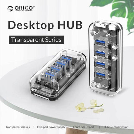 Orico Desktop USB Hub with 4 Ports and Blue LED Indicator Light transparent desktop hub showing four USB ports and blue LED for cable organization