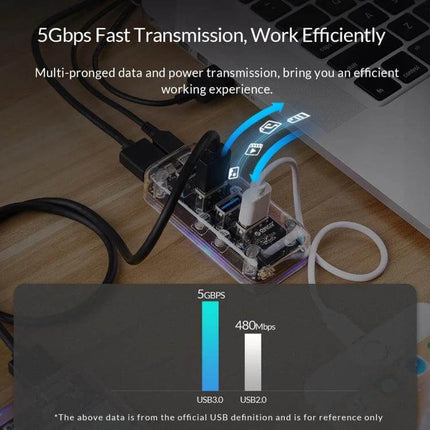 Orico Desktop USB Hub with 4 Ports and Blue LED Indicator Light connected to laptop, transparent body, 4-port USB hub with blue LED showing fast data transfer
