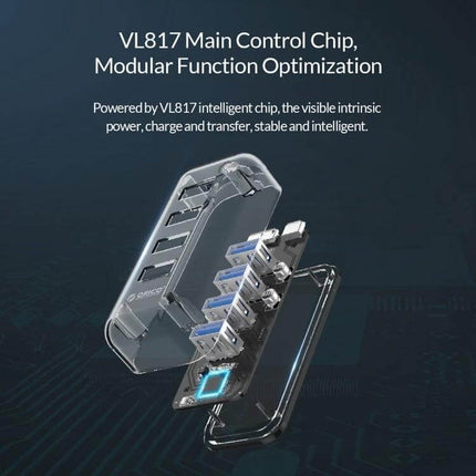 Orico Desktop USB Hub with 4 Ports and Blue LED Indicator Light showing transparent body, VL817 chip and four USB ports for desktop connectivity