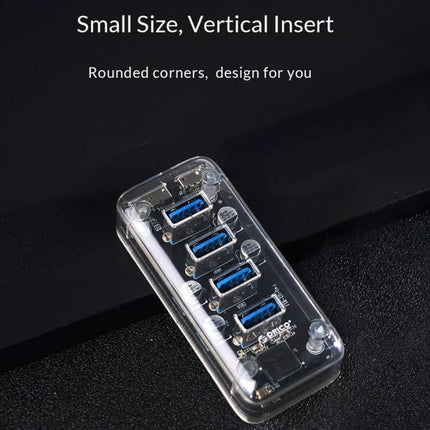 Orico Desktop USB Hub with 4 Ports and Blue LED Indicator Light - transparent 4-port USB hub shown vertically with blue LED indicators