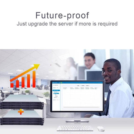Zero Client R1 Mini PC for Secure Remote Desktop Use - Office setup showing user accessing remote desktop with server upgrade illustration