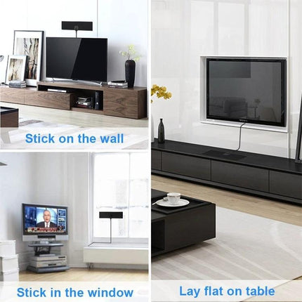 Indoor and Outdoor TV Antenna for HD Signals Up to 25 Miles shown mounted on wall, in window, and flat on table for 1080p HD reception