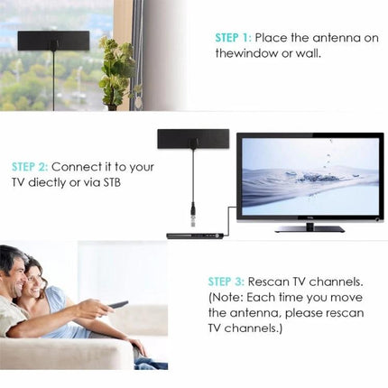 Indoor and Outdoor TV Antenna for HD Signals Up to 25 Miles — wall or window placement, connect to TV/STB, rescan channels for 1080p HD