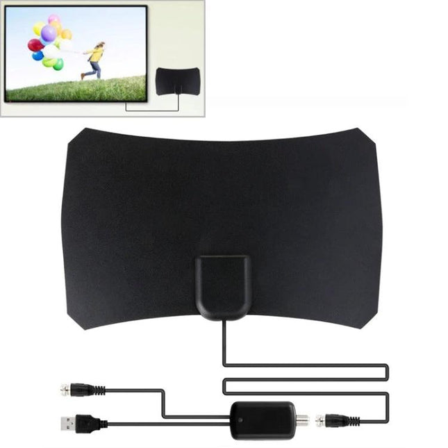 Indoor HDTV Antenna for Free TV Channels with 50-Mile Range - black indoor flat HDTV antenna with USB amplifier and coax cables, wall-mountable