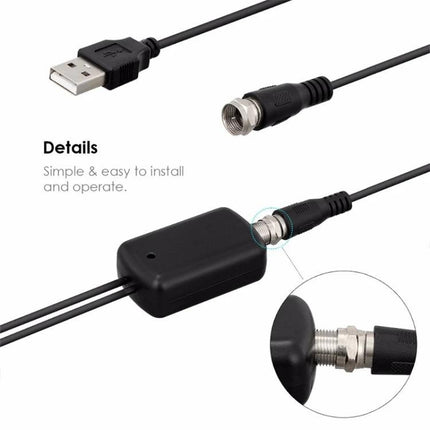 Indoor HDTV Antenna for Free TV Channels with 50-Mile Range - close-up of coax connector, USB power cable and inline amplifier, easy to install near window