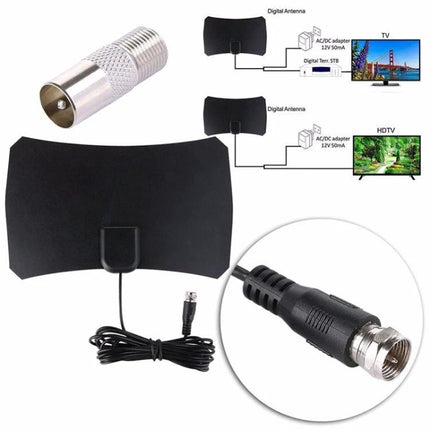 Indoor HDTV Antenna for Free TV Channels with 50-Mile Range slim black indoor antenna with coax cable and connector near window for 1080P HD