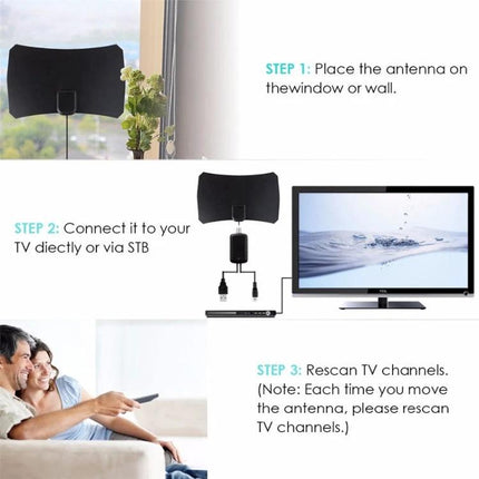 Indoor HDTV Antenna for Free TV Channels with 50-Mile Range mounted by window, connected to TV showing 1080P HD and setup steps