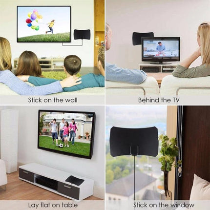 Indoor HDTV Antenna for Free TV Channels with 50-Mile Range mounted near window and behind TV showing family watching 1080P HD broadcasts