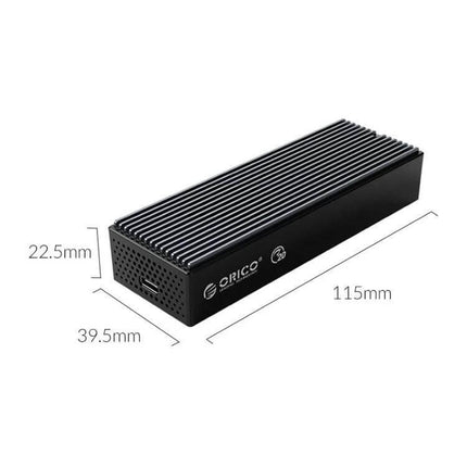 Orico Portable M.2 NVMe SSD Enclosure for External Storage black ribbed aluminum compact enclosure with dimensions 115x39.5x22.5mm