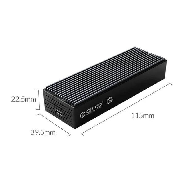 Orico Portable M.2 NVMe SSD Enclosure for External Storage black ribbed aluminum compact enclosure with dimensions 115x39.5x22.5mm