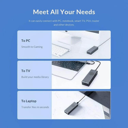 Orico Portable M.2 NVMe SSD Enclosure for External Storage shown connected to PC, TV, and laptop for gaming, media and fast file transfer