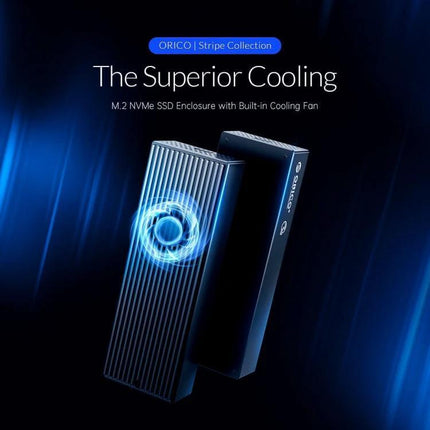 Orico Portable M.2 NVMe SSD Enclosure for External Storage showing two sleek silver and black enclosures highlighting superior cooling and built-in fan