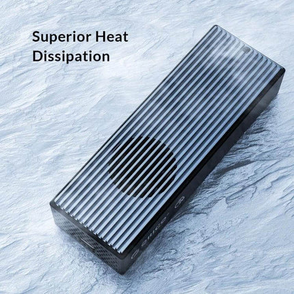 Orico Portable M.2 NVMe SSD Enclosure for External Storage showcasing ribbed aluminum casing and superior heat dissipation fan
