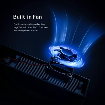 Orico Portable M.2 NVMe SSD Enclosure for External Storage showing built-in cooling fan and heat dissipation design