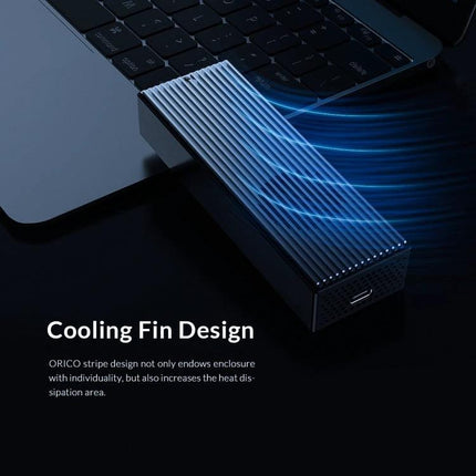 Orico Portable M.2 NVMe SSD Enclosure for External Storage showing slim cooling-fin design connected to a laptop for fast portable NVMe access