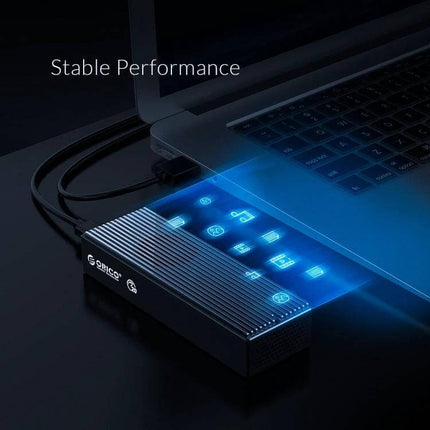 Orico Portable M.2 NVMe SSD Enclosure for External Storage connected to laptop for fast file transfer and stable performance