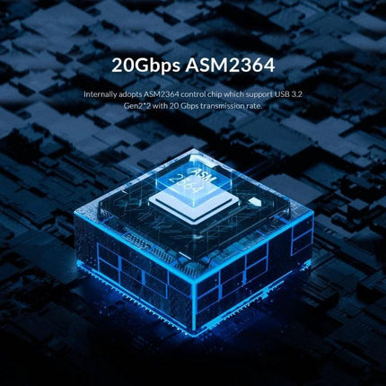 Orico Portable M.2 NVMe SSD Enclosure for External Storage — close-up visual of ASM2364 20Gbps controller chip concept