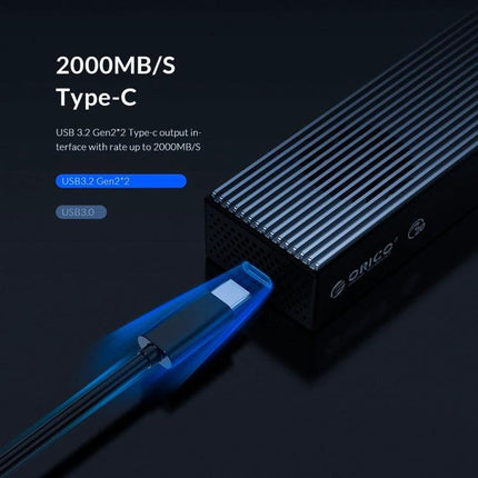 Orico Portable M.2 NVMe SSD Enclosure for External Storage showing Type-C cable and 2000MB/s USB 3.2 Gen2 performance